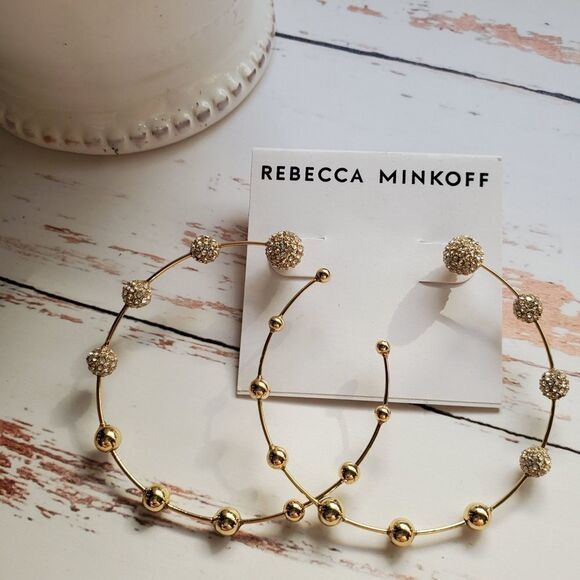 Rebecca Minkoff Gold Plated Swarovski Crystal Pave Sphere Hoop Earrings - Picture 2 of 5